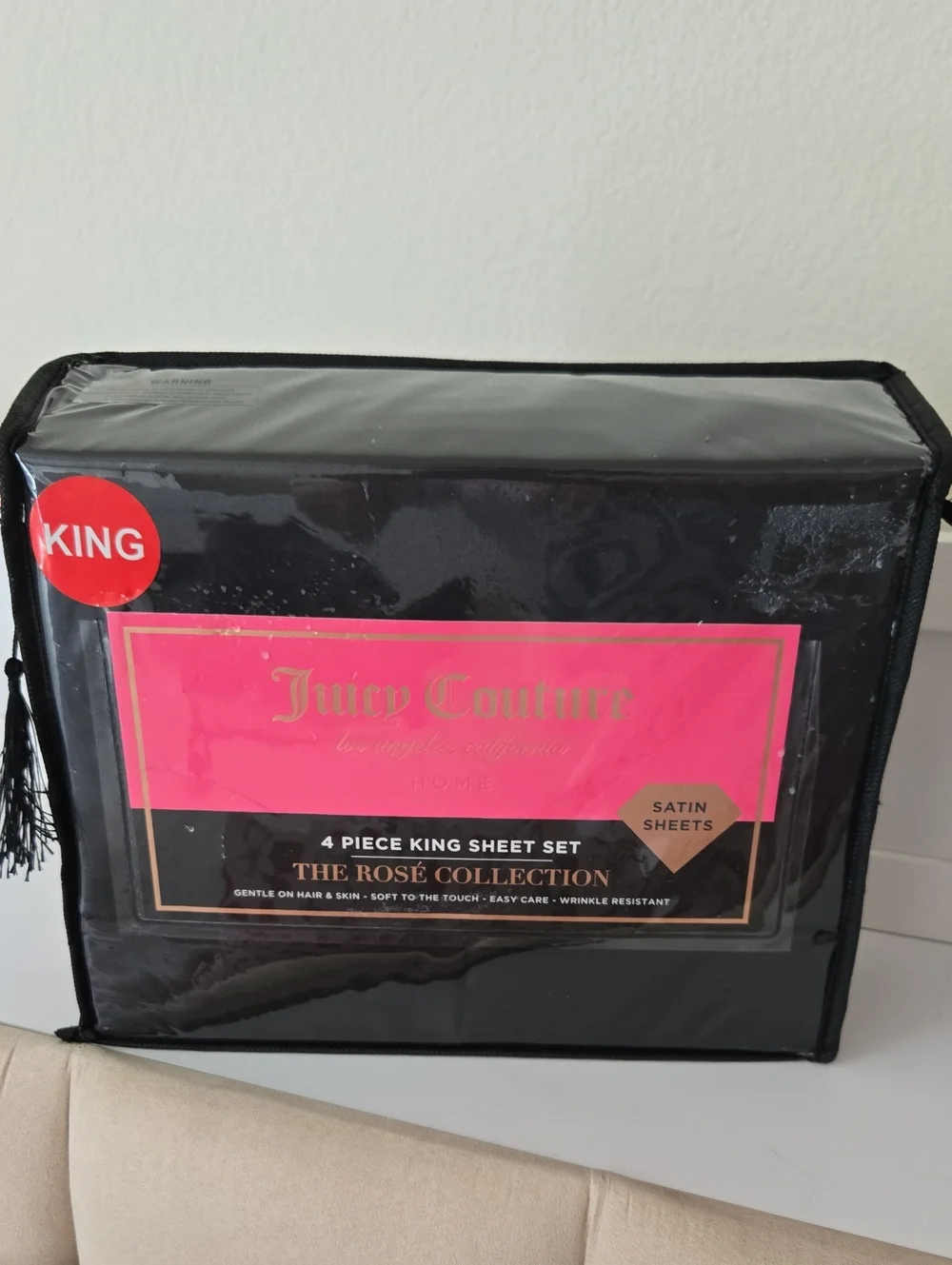 Juicy Couture Black Satin King Sheet Set with Pink Label